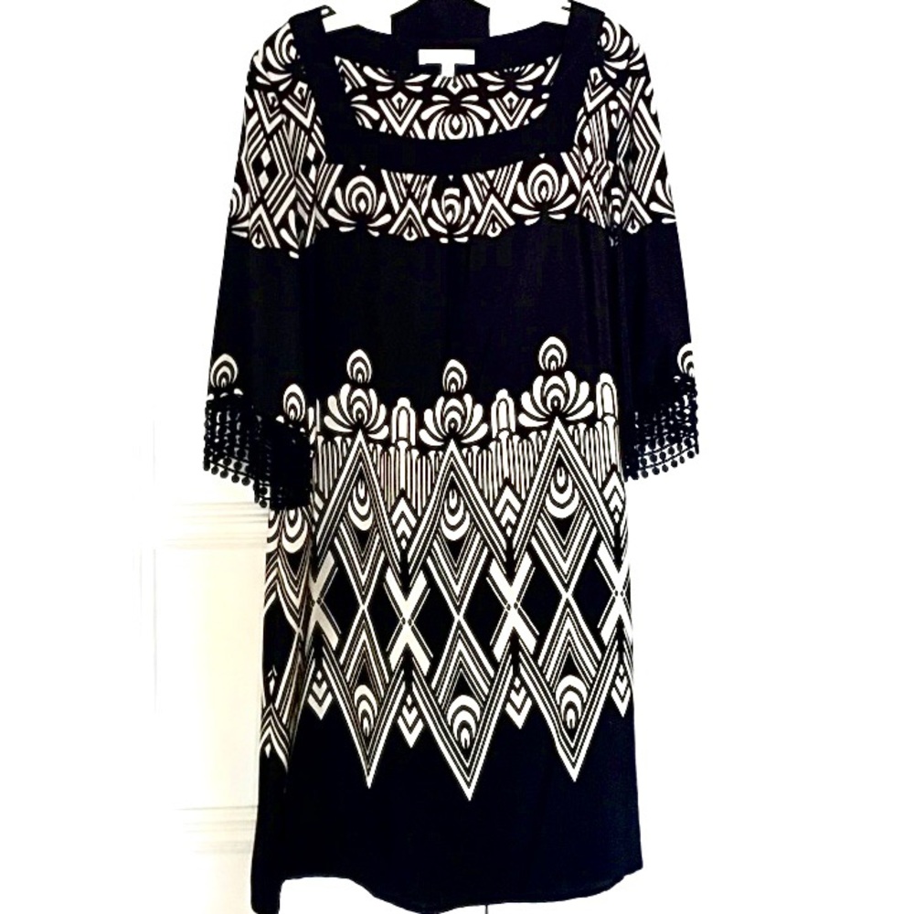 Like New Beth Bowley Black/White 3/4 Sleeve Silk Square-Neck Dress w/ Sash (not)